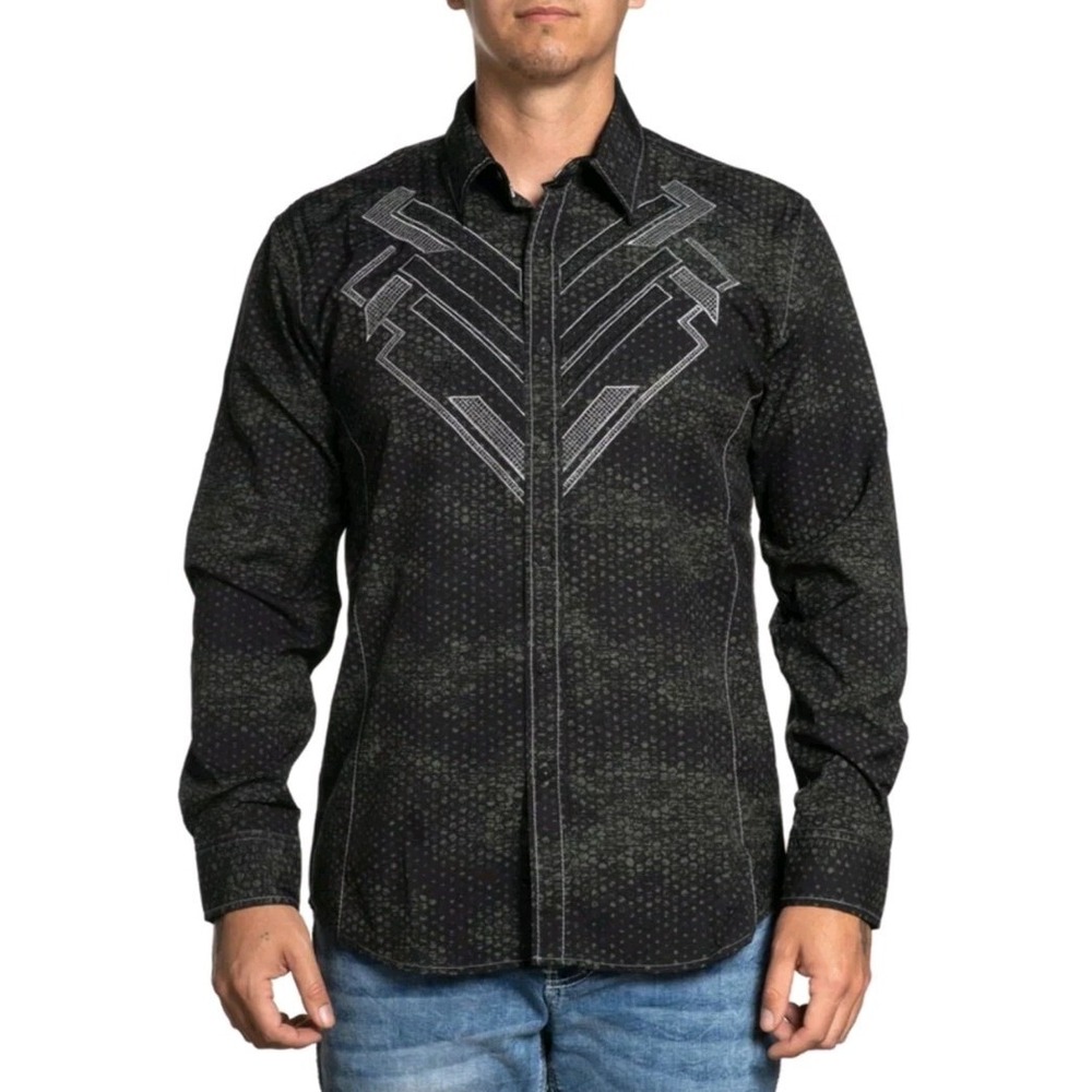 AMERICAN FIGHTER Men Button Down Shirt Ventura Long Sleeve Black Green M Cowboy